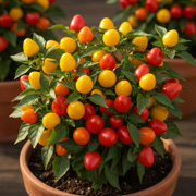 Pretty N Sweet F1 Mini Peppers in Yellow Orange and Red on Plant
