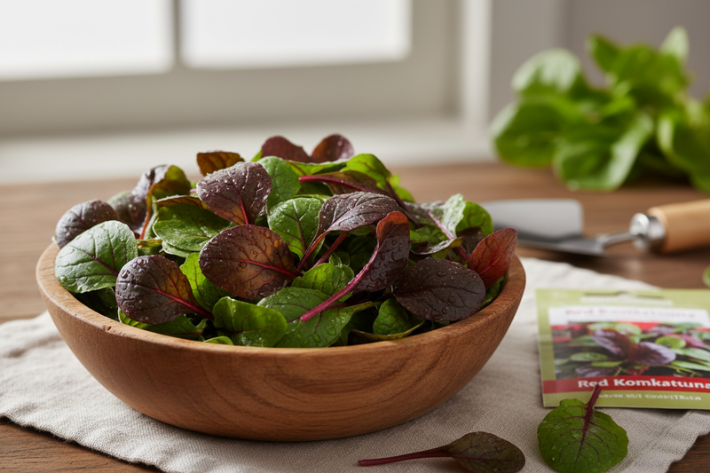 Red Komatsuna Baby Leaves in Bowl