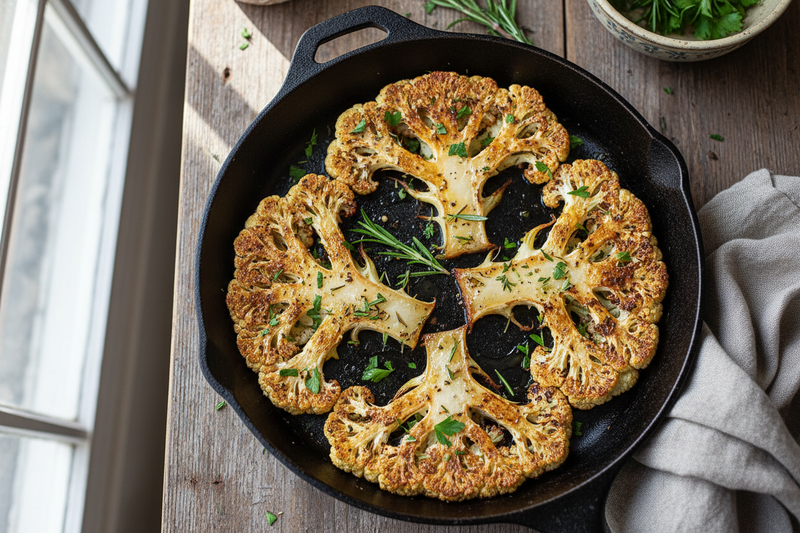 Roasted Cauliflower Steaks in Cast Iron Pan