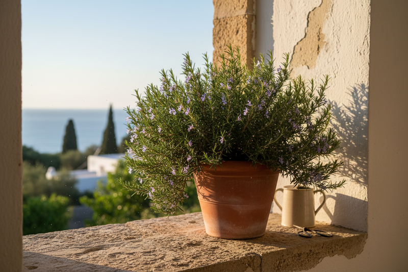 Rosemary in Terracotta Pot on Mediterranean Windowsill