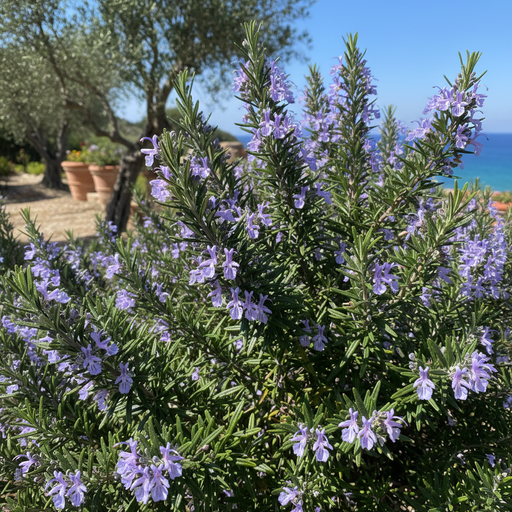 Rosemary Plant in Bloom with Lavender-Blue Flowers