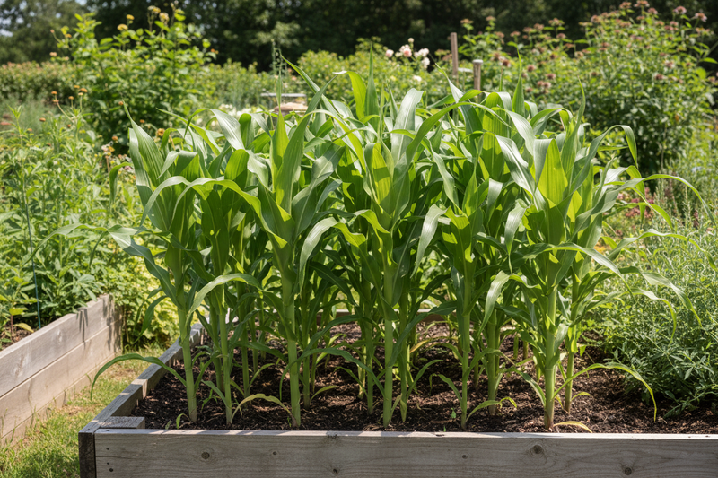 Shaman's Blue popcorn plants in raised bed