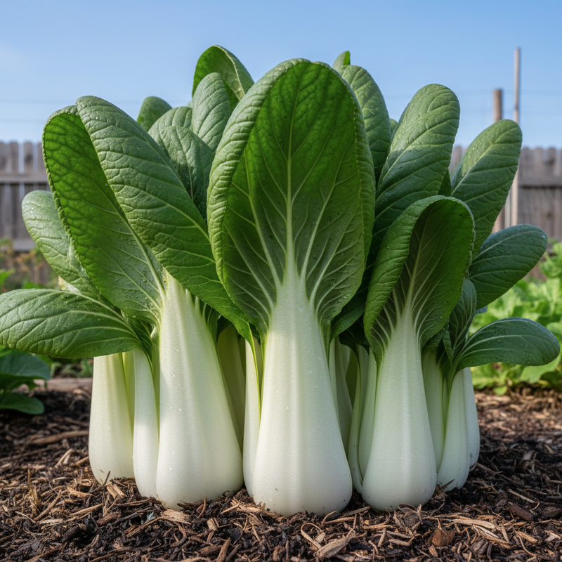 Tall White Stem Pak Choi Heads with White Stalks and Dark Green Leaves