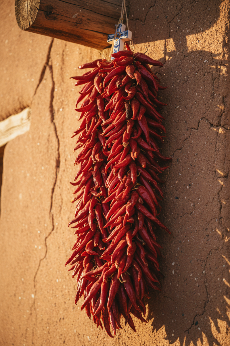 Traditional Red Cayenne Pepper Ristra on Adobe Wall